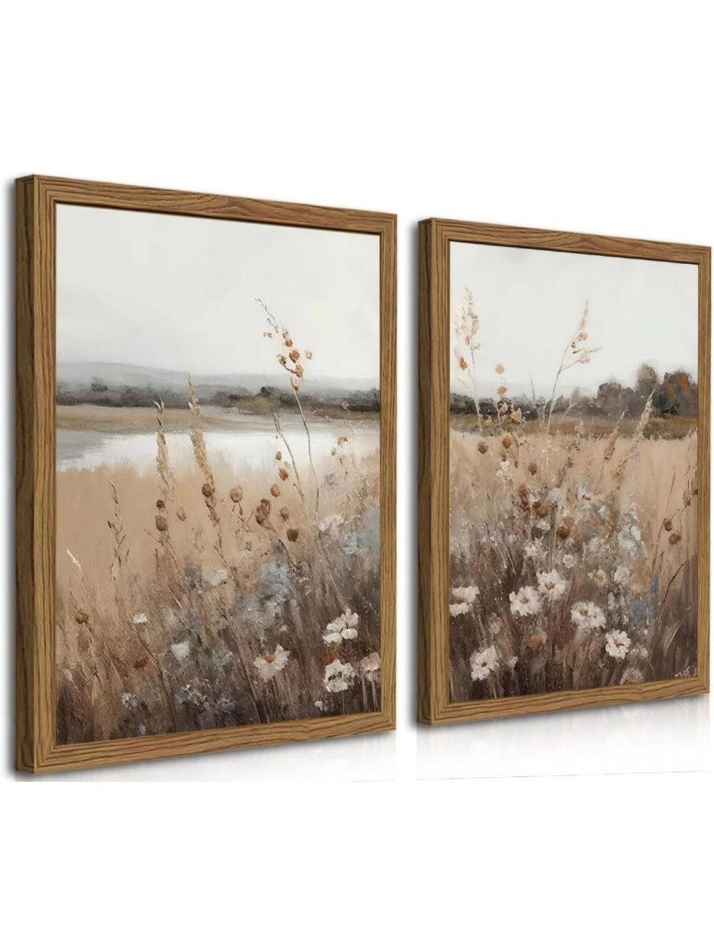 Set of 2 Framed Vintage Wildflower Canvas Art - Retro Floral Wall Decor 16x24